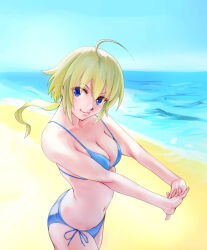 Rule 34 | &gt;:), 1girl, ahoge, amano soraha, arched back, assault lily, bare arms, bare shoulders, beach, bikini, blonde hair, blue bikini, blue eyes, blue sky, blush, breasts, cleavage, closed mouth, commentary request, cowboy shot, day, from side, hair between eyes, hands up, horizon, interlocked fingers, long hair, looking at viewer, looking to the side, low ponytail, medium breasts, navel, nenshuu5man, ocean, outdoors, outstretched arms, own hands together, ponytail, side-tie bikini bottom, sky, smile, solo, standing, stomach, string bikini, swimsuit, v-shaped eyebrows