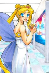 Rule 34 | 10s, 1990s (style), 1girl, 2013, :t, artist name, bare shoulders, bishoujo senshi sailor moon, blonde hair, blue bow, blue eyes, bow, burger, crescent, crescent facial mark, crystal, dated, double bun, dress, eating, facial mark, food, junk (junko-tan), lips, long hair, looking at viewer, neo queen serenity, princess serenity, pun, retro artstyle, solo, strapless, strapless dress, tiara, tsukino usagi, twintails, very long hair