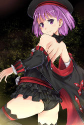 Rule 34 | 1girl, ass, bare back, bare shoulders, black panties, black thighhighs, fate/grand order, fate (series), hat, helena blavatsky (fate), helena blavatsky (third ascension) (fate), jacket, looking at viewer, panties, purple eyes, purple hair, short hair, smile, solo, strapless, thighhighs, tsuyadashi shuuji, underwear