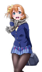 Rule 34 | 1girl, :d, arms behind back, bag, black pantyhose, blue eyes, blue jacket, blue skirt, blush, bow, breasts, brown hair, grey scarf, hair between eyes, hair bow, highres, holding, holding bag, jacket, kosaka honoka, long sleeves, looking at viewer, love live!, love live! school idol project, medium breasts, open mouth, pantyhose, plaid, plaid scarf, pleated skirt, scarf, school bag, side ponytail, simple background, skirt, smile, solo, teeth, upper teeth only, white background, yellow bow, yopparai oni