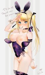 Rule 34 | 1girl, absurdres, alternate breast size, animal ears, arm behind back, arm strap, arm up, black hairband, blonde hair, blue eyes, blush, boots, breasts, cleft of venus, collarbone, commission, cowboy shot, dead or alive, dead or alive 5, embarrassed, fake animal ears, fake tail, hairband, highres, hitotsuyama jitan, holding, holding key, inverted nipples, key, large breasts, leotard, long hair, marie rose, mouth hold, playboy bunny, pubic tattoo, purple eyes, purple footwear, pussy, rabbit ears, rabbit tail, salute, signature, skeb commission, solo, standing, striped, striped background, sweatdrop, tail, tattoo, thank you, thigh boots, twintails, very long hair, wrist cuffs