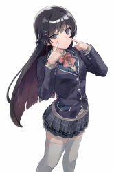 Rule 34 | 1girl, black hair, black jacket, blush, bow, bowtie, braid, closed mouth, commentary request, fingers to cheeks, grey thighhighs, hair ornament, hairclip, hands up, highres, jacket, long hair, long sleeves, looking at viewer, nijisanji, plaid, plaid jacket, plaid skirt, pleated skirt, red bow, simple background, skirt, smile, solo, thighhighs, tsukino mito, usirome, virtual youtuber, white background, zettai ryouiki