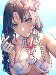 Rule 34 | 1girl, bikini, black hair, blue sky, bracelet, braid, breasts, chest tattoo, closed mouth, commentary, day, earrings, facial mark, fate/grand order, fate (series), finger heart, flower, forehead mark, forehead tattoo, hair flower, hair ornament, hand up, highres, jewelry, large breasts, light blush, long hair, looking at viewer, multicolored hair, necklace, outdoors, parted bangs, pearl bracelet, pearl earrings, pearl necklace, pink flower, pink hair, seashell, sessyoin kiara, sessyoin kiara (swimsuit mooncancer), sessyoin kiara (swimsuit mooncancer) (first ascension), shell, shell necklace, sky, solo, streaked hair, swimsuit, symbol-only commentary, tattoo, twin braids, upper body, white bikini, yangsan (2991076090), yellow eyes
