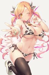 Rule 34 | 1girl, ;o, animal ears, animal print, aqua nails, bare shoulders, bell, bikini, black ribbon, black thighhighs, blonde hair, blush, breasts, brown eyes, cleavage, cow ears, cow horns, cow print, cowbell, emanon123, facial mark, feathered wings, foreshortening, hand up, heart, highres, horns, large breasts, leg up, long hair, looking at viewer, low wings, multicolored hair, nail polish, navel, neck bell, one eye closed, original, outstretched arm, parted lips, pink hair, print bikini, ribbon, shoes, side-tie bikini bottom, solo, standing, standing on one leg, stomach, swept bangs, swimsuit, thighhighs, twintails, two-tone hair, v, white footwear, white wings, wings, wrist cuffs