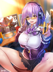 Rule 34 | 10s, 1girl, absurdres, adjusting eyewear, adjusting glasses, alexis (ssss.gridman), bare legs, black skirt, bow, boxcutter, breasts, chair, collared shirt, dress shirt, glasses, gridman universe, headphones, highres, indoors, jacket, large breasts, light purple hair, long sleeves, looking at viewer, looking over eyewear, looking over glasses, miniskirt, monitor, nez-box, off shoulder, office chair, open mouth, pink-framed eyewear, pleated skirt, purple bow, purple jacket, purple neckwear, semi-rimless eyewear, shinjou akane, shirt, skirt, sleeves past wrists, smile, spread legs, ssss.gridman, sunglasses, swivel chair, thighs, tinted eyewear, under-rim eyewear, white shirt, yellow-tinted eyewear, yellow-tinted glasses, zipper pull tab