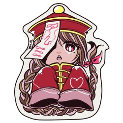 Rule 34 | 1girl, braid, braided ponytail, bright pupils, brown hair, chestnut mouth, chibi, commentary request, cropped torso, eyes visible through hair, hat, jacket, jiangshi, long hair, looking at viewer, low-tied long hair, masaya ichika, munak, ofuda, open mouth, qingdai guanmao, ragnarok online, red eyes, red hat, red jacket, signature, simple background, sleeves past fingers, sleeves past wrists, solo, upper body, very long hair, white background, white pupils