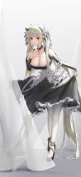 Rule 34 | 1girl, absurdly long hair, absurdres, azur lane, back bow, bare shoulders, between breasts, black dress, black footwear, bow, breasts, cleavage, clothing cutout, detached collar, dress, formidable (azur lane), frilled dress, frills, grey hair, hair bow, hair ribbon, high heels, highres, large breasts, leaning forward, long hair, necktie, necktie between breasts, pantyhose, red eyes, ribbon, shoes, shoulder cutout, skirt hold, snacks00, solo, toeless legwear, twintails, two-tone dress, two-tone ribbon, very long hair, white dress, white pantyhose