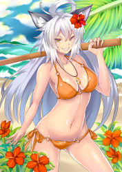 Rule 34 | 1girl, absurdres, ahoge, animal ears, arm at side, bad id, bad pixiv id, beach, bikini, breasts, carrying over shoulder, cloud, contrapposto, cowboy shot, day, flower, gluteal fold, grin, groin, hair flower, hair ornament, halterneck, hibiscus, highres, huge ahoge, jewelry, long hair, looking at viewer, navel, necklace, o-ring, o-ring bikini, ocean, orange bikini, original, outdoors, palm tree, pendant, pink lips, red flower, sand, sky, slit pupils, smile, solo, standing, stomach, string bikini, summer, swimsuit, tree, tropical, tsurime, urkaze (urture), white hair, yellow eyes