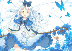 Rule 34 | 1girl, :d, arms behind back, bell, blue dress, blue hair, blue rose, bow, brown eyes, bug, butterfly, capelet, dress, flower, fred04142, hair bow, bug, long hair, long sleeves, looking at viewer, open mouth, original, ribbon, rose, silver hair, smile, solo, staff, very long hair, wide sleeves, wind, wind lift, yellow eyes