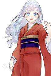 Rule 34 | 1girl, :d, blue eyes, blunt bangs, character request, copyright request, cowboy shot, grey hair, hand up, highres, japanese clothes, kimono, long hair, long sleeves, obi, open mouth, red kimono, sash, satou usuzuku, simple background, smile, solo, teeth, upper teeth only, white background, wide sleeves