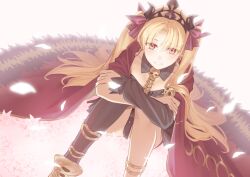 Rule 34 | 1girl, absurdres, asymmetrical sleeves, blonde hair, blush, bow, breasts, cloak, dress, earrings, ereshkigal (fate), fate/grand order, fate (series), fur-trimmed cloak, fur trim, hair bow, hair ribbon, highres, hoop earrings, infinity symbol, jewelry, koki 1009, long hair, looking at viewer, medium breasts, open mouth, parted bangs, red cloak, red eyes, red ribbon, ribbon, single sleeve, skull, skull ornament, smile, solo, spine, thighhighs, tiara, two-sided cloak, two-sided fabric, two side up, very long hair, yellow cloak