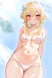 Rule 34 | 1girl, ai-assisted, bare shoulders, blonde hair, blush, breasts, cleavage, collarbone, cowboy shot, dress, flower, genshin impact, hair between eyes, hair flower, hair ornament, highres, looking at viewer, lumine (genshin impact), medium breasts, navel, short hair with long locks, sidelocks, solo, swimsuit, thighs, user xsym7285, wet, white flower, yellow eyes