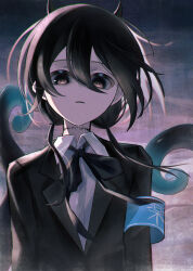 Rule 34 | 1girl, abstract background, absurdres, armband, arms at sides, black eyes, black hair, black jacket, black ribbon, blazer, blue armband, collared shirt, commentary request, film grain, floating hair, frown, hair over shoulder, happa de happy, highres, horns, indie virtual youtuber, jacket, long sleeves, looking down, low twintails, neck ribbon, parted lips, ribbon, shirt, sidelighting, solo, stitched neck, stitches, tentacles, twintails, upper body, virtual youtuber, white shirt, yamata ia