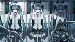 Rule 34 | 3girls, black skirt, black sleeves, black thighhighs, blue eyes, blue hair, blue necktie, breasts, character name, closed mouth, collared shirt, commentary request, danjou sora, grey shirt, hair between eyes, hatsune miku, highres, long hair, long sleeves, multiple girls, necktie, pleated skirt, shirt, sidelocks, skirt, sleeveless, sleeveless shirt, small breasts, smile, thighhighs, tie clip, twintails, very long hair, vocaloid