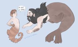 Rule 34 | 2boys, bara, beard, chilchuck tims, dungeon meshi, dwarf, english text, eye contact, facial hair, from side, full beard, highres, long beard, looking at another, lucraven, male focus, merman, mermay 2024, monster boy, monsterification, multiple boys, mustache, notice lines, nude, profile, seahorse boy, senshi (dungeon meshi), speech bubble, thick arm hair, thick eyebrows, thick mustache, underwater, very long beard, yaoi