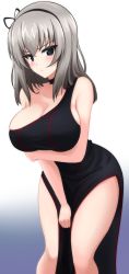 Rule 34 | 1girl, absurdres, aikir (jml5160), bare legs, bare shoulders, black dress, blue eyes, blush, breast hold, breasts, choker, cleavage, closed mouth, dress, dress tug, girls und panzer, gradient background, grey hair, headband, highres, itsumi erika, large breasts, leaning forward, long dress, long hair, looking at viewer, single-shoulder dress, solo, standing, thighs