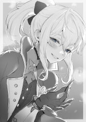 Rule 34 | 1girl, blue eyes, bow, cross, cross earrings, dandelion, earrings, flower, genshin impact, hair bow, high collar, highres, holding, holding flower, jean (genshin impact), jean (gunnhildr&#039;s legacy) (genshin impact), jewelry, looking at viewer, monochrome, parted lips, ponytail, signature, smile, solo, sukoyaka93, upper body