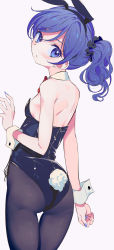 Rule 34 | 1girl, aikatsu!, aikatsu! (series), animal ears, ass, back, backless outfit, black leotard, black pantyhose, blue eyes, blue hair, blue nails, blush, bow, bowtie, breasts, commentary, cowboy shot, detached collar, fake animal ears, fake tail, from behind, grey background, highres, kiriya aoi, leotard, light frown, looking at viewer, looking back, medium hair, nail polish, pantyhose, parted lips, playboy bunny, rabbit ears, rabbit tail, red bow, red bowtie, side-tie leotard, small breasts, solo, standing, strapless, strapless leotard, swept bangs, tail, thigh gap, wavy hair, wrist cuffs, yamamura saki, zipper