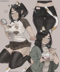 Rule 34 | 1girl, anajudraws, animal ears, artist name, ass, black eyes, black hair, bowl, breasts, calico, cat ears, cat girl, cat symbol, cat tail, cellphone charm, cellphone strap, charm (object), chopsticks, closed mouth, clothes writing, fang, food, glasses, hair ornament, hairpin, hanten (clothes), highres, holding, holding bowl, holding food, kneeling, looking at viewer, medium breasts, medium hair, milk carton, miniskirt, multiple views, notice lines, object in pocket, open mouth, original, pants, phone, plaid, plaid skirt, pleated skirt, pocket, ponytail, raglan sleeves, ribbed sweater, rice bowl, shirt, short sleeves, sidelocks, simple background, skirt, smile, standing, star (symbol), star hair ornament, sweater, swept bangs, t-shirt, tail, tan background, thighhighs, toeless legwear