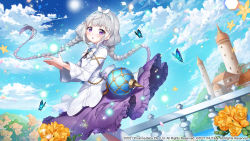 Rule 34 | 1girl, :o, animal, apple caramel, blue sky, braid, bug, building, butterfly, character request, cloud, commentary request, copyright notice, day, flower, frilled skirt, frills, gilberta maple, grey hair, highres, insect, long hair, long sleeves, looking at viewer, low twintails, manasis refrain, official art, outdoors, parted lips, purple eyes, purple skirt, railing, revision, shirt, skirt, sky, solo, tower, twin braids, twintails, very long hair, watermark, white shirt, wide sleeves, yellow flower