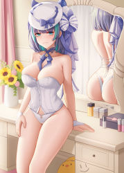 Rule 34 | 1girl, aqua eyes, ass, azur lane, bare arms, bare shoulders, blush, breasts, butt crack, cheshire (azur lane), cheshire (the cat and the white steed) (azur lane), closed mouth, collarbone, corset, hat, highres, indoors, large breasts, looking at viewer, medium hair, mirror, official alternate costume, panties, purple hair, smile, solo, thighs, underwear, wei xiao, white corset, white hat, white panties