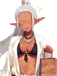 Rule 34 | 1girl, :d, bag, bikini, bikini under clothes, black bikini, blush, breasts, breasts apart, casual, commentary request, contemporary, dark-skinned female, dark elf, dark skin, elf, eyelashes, closed eyes, front-tie bikini top, front-tie top, head tilt, highres, holding, holding bag, jewelry, kinta (distortion), long hair, long sleeves, looking at viewer, medium breasts, navel, necklace, open clothes, open mouth, open shirt, original, pointy ears, ponytail, shirt, shopping bag, sidelocks, silver hair, smile, solo, swimsuit, upper body, white background, white shirt