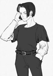 Rule 34 | 1boy, android 17, belt, cowboy shot, denim, dragon ball, hand in pocket, hand on own head, highres, jeans, joy boy, layered clothes, long sleeves, looking at viewer, monochrome, pants, piercing, serious, short hair, white background