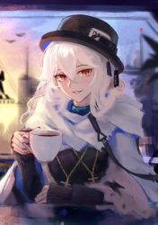 Rule 34 | 1girl, absurdres, arknights, black hat, black sweater, blurry, blurry background, coat, commentary, cross, cross necklace, cup, english commentary, hand on table, hand up, hat, highres, holding, holding cup, jewelry, long hair, long sleeves, looking at viewer, necklace, official alternate costume, parted lips, red eyes, rhodes island logo (arknights), runemill, scarf, smile, solo, specter (arknights), specter (undercurrent) (arknights), sunset, sweater, teacup, top hat, unfinished, upper body, white coat, white hair, white scarf