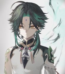 Rule 34 | 1boy, ahoge, arm tattoo, bead necklace, beads, black hair, closed mouth, eyeshadow, facial mark, forehead mark, genshin impact, green hair, grey background, hair between eyes, highres, jewelry, makeup, male focus, multicolored hair, necklace, orange eyes, red eyeshadow, simple background, solo, spikes, tassel, tattoo, upper body, xiao (genshin impact), zaso