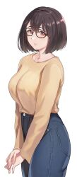 Rule 34 | 1girl, black-framed eyewear, blouse, bob cut, breasts, brown hair, center-flap bangs, commentary request, cowboy shot, denim, double-parted bangs, fingernails, from side, glasses, high-waist pants, highres, jeans, kitiroku, large breasts, lips, looking at viewer, original, pants, parted lips, red eyes, shirt, shirt tucked in, short hair, simple background, solo, white background, yellow shirt