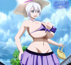 Rule 34 | 1girl, areola slip, bikini, blue eyes, breasts, bursting breasts, covered erect nipples, fairy tail, hat, highres, huge breasts, lisanna strauss, micro bikini, navel, open mouth, rtenzo, short hair, skindentation, smile, solo, swimsuit, tagme, white hair
