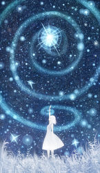 Rule 34 | 1girl, arm up, bare arms, bare shoulders, blue sky, blue theme, commentary request, dress, fantasy, grass, highres, looking up, magic, original, outstretched arm, sakimori (hououbds), short hair, sky, solo, standing, star (sky), star (symbol), starry sky, white dress