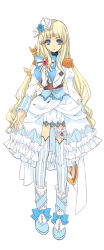 Rule 34 | 1girl, blonde hair, blue eyes, blue flower, blue rose, bow, bridal garter, brooch, dress, epaulettes, female focus, flower, frills, full body, hair flower, hair ornament, hat, ito noizi, jewelry, kamisama to unmei (series), kamisama to unmei kakusei no cross thesis, kamisama to unmei kakusei no kurosuteze, long hair, official art, ribbon, rose, shoes, solo, soraumi jupiel, standing, striped clothes, striped thighhighs, thighhighs, vertical-striped clothes, vertical-striped thighhighs