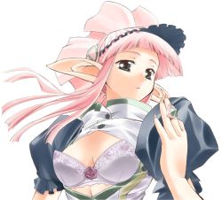 Rule 34 | 00s, 1girl, bra, breasts, ibara-hime, ibarahime, jewelry, large breasts, lingerie, open clothes, otogi-juushi akazukin, pink hair, pointy ears, ring, solo, underwear