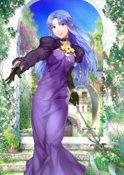 Rule 34 | 1girl, blue eyes, medea (fate), day, dress, fate/grand order, fate/stay night, fate (series), holding, holding weapon, long dress, long hair, magic, nekotawa, official art, pointy ears, purple dress, purple eyes, resized, sky, smile, solo, staff, upscaled, waifu2x, weapon