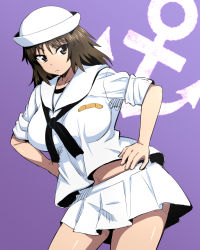 Rule 34 | 10s, 1girl, anchor symbol, bandaid, black eyes, black hair, black neckerchief, blouse, breasts, commentary request, cowboy shot, dixie cup hat, girls und panzer, hands on own hips, hat, highres, large breasts, leaning to the side, long hair, long sleeves, looking at viewer, midriff, military hat, multiple girls, murakami (girls und panzer), nakahira guy, navel, neckerchief, pleated skirt, purple background, sailor, sailor collar, shirt, skirt, sleeves rolled up, solo, standing, white hat, white shirt