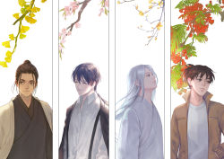 Rule 34 | 4boys, absurdres, arms at sides, black hair, branch, brown eyes, brown hair, brown jacket, cherry blossoms, copyright request, closed eyes, facial mark, facing viewer, forehead mark, frown, ginkgo tree, hair between eyes, hand in pocket, highres, hitori no shita, jacket, japanese clothes, lilianlotus, long hair, long sleeves, looking at viewer, looking to the side, male focus, multiple boys, shirt, suspenders, topknot, wang ya, white background, white hair, white shirt, zang lingyu, zhang chuyu, zhuge qing