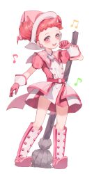 Rule 34 | 1girl, :d, beamed eighth notes, blush, boots, broom, commentary request, double bun, dress, earrings, eighth note, forehead, gloves, hair bun, hair through headwear, harukaze doremi, hat, heart, highres, jewelry, looking at viewer, musical note, ojamajo doremi, open mouth, pink eyes, pink footwear, pink gloves, pink hat, pleated dress, puffy short sleeves, puffy sleeves, red dress, ruda (ruda e), short sleeves, simple background, smile, solo, standing, white background