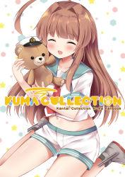 Rule 34 | 10s, 1girl, ^ ^, ^o^, ahoge, aqua sailor collar, bad id, bad pixiv id, brown hair, character name, closed eyes, collarbone, copyright name, cover, cover page, doll, english text, fang, heart, highres, holding, holding doll, holding stuffed toy, kantai collection, kuma (kancolle), long hair, masayo (gin no ame), midriff, navel, neckerchief, red neckerchief, sailor collar, school uniform, serafuku, short sleeves, shorts, smile, solo, stuffed animal, stuffed toy, teddy bear, white shorts