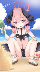 Rule 34 | 1girl, ankle ribbon, beach, bikini, black bikini, black bow, black wings, blue archive, blue sky, blush, bow, collarbone, commentary request, commission, crab, feathered wings, flat chest, floral print, front-tie bikini top, front-tie top, full body, hair bow, halo, hand on own knee, head wings, highres, holding, koharu (blue archive), koharu (swimsuit) (blue archive), leg ribbon, looking at viewer, low twintails, low wings, medium hair, navel, ocean, official alternate costume, open mouth, partial commentary, pink eyes, pink hair, pink halo, pixiv commission, print bikini, ribbon, sand, sand castle, sand sculpture, sandals, sky, solo, spaghetti strap, squatting, swimsuit, toes, twintails, wings, yuuma (skirthike)