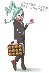 Rule 34 | 1girl, absurdres, bow, bowtie, briefcase, brown footwear, collector (pokemon), collector (pokemon) (cosplay), cosplay, creatures (company), full body, game freak, green hair, highres, holding, holding briefcase, holding poke ball, lisia (pokemon), mask, nintendo, nmmnmmzk, poke ball, poke ball (basic), pokemon, pokemon masters ex, pokemon oras, red bow, red bowtie, simple background, solo, team break, translation request, white background