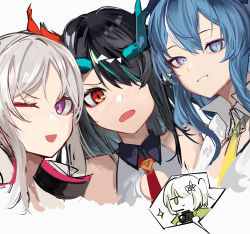 Rule 34 | 4girls, ;d, ao oni (onioni-aoi), arknights, black hair, blue eyes, blue hair, blush, camera, chibi, collared shirt, commentary request, cropped torso, dusk (arknights), green eyes, grey hair, hair over one eye, highres, holding, holding camera, horns, ling (arknights), long hair, multicolored hair, multiple girls, necktie, nian (arknights), one eye closed, one side up, open mouth, parted lips, portrait, purple eyes, red eyes, scene (arknights), shirt, siblings, simple background, sisters, sleeveless, sleeveless shirt, smile, sparkle, streaked hair, white background, white hair, white shirt, yellow necktie