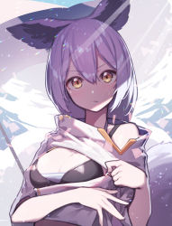 Rule 34 | 1girl, absurdres, animal ears, arknights, beudelb, bikini, black bikini, breasts, cleavage, commentary, fang, fang out, hair between eyes, highres, looking at viewer, medium breasts, provence (arknights), provence (casual vacation) (arknights), purple hair, short hair, short sleeves, skin fang, solo, swimsuit, upper body, wolf ears, yellow eyes