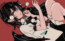 Rule 34 | 1girl, bird wings, black hair, black ribbon, black skirt, black wings, curled up, feet out of frame, frilled skirt, frills, hat, looking at viewer, mozukuzu (manukedori), nail polish, neck ribbon, open mouth, pom pom (clothes), puffy short sleeves, puffy sleeves, red background, red eyes, red hat, ribbon, shameimaru aya, shirt, short hair, short sleeves, skirt, solo, tokin hat, touhou, white shirt, wings