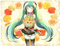 Rule 34 | 10s, 1girl, 2012, :d, ^ ^, ayuko (ayuco), bad id, bad pixiv id, bouquet, character name, closed eyes, dated, detached sleeves, closed eyes, flower, green hair, happy birthday, hatsune miku, long hair, open mouth, skirt, smile, solo, thighhighs, twintails, very long hair, vocaloid