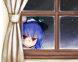 Rule 34 | &gt;:(, 1girl, blue hair, blush, curtains, face, female focus, food, frown, fruit, hat, hinanawi tenshi, indoors, leaf, long hair, nice (artist), peach, red eyes, snow, solo, touhou, v-shaped eyebrows, window