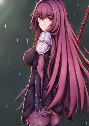 Rule 34 | 1girl, armor, ass, bad id, bad pixiv id, bodysuit, breasts, fate/grand order, fate (series), gae bolg (fate), holding, holding weapon, long hair, looking at viewer, looking back, medium breasts, ohguro mariya, pauldrons, polearm, purple bodysuit, purple hair, red eyes, scathach (fate), scathach (fate), shoulder armor, smile, solo, spear, standing, weapon