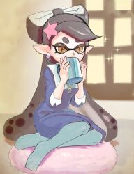 Rule 34 | 1girl, alternate costume, black hair, blue dress, blue pantyhose, bow-shaped hair, callie (splatoon), cup, dress, drinking, eyelashes, full body, hair ornament, highres, holding, holding cup, indoors, long hair, nintendo, pantyhose, pillow, pointy ears, sitting, sitting on pillow, solo, sparkle, splatoon (series), star-shaped pupils, star (symbol), star hair ornament, symbol-shaped pupils, tentacle hair, thick eyebrows, tombiham, yellow eyes