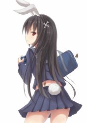 Rule 34 | 1girl, animal ears, bag, from behind, hair ornament, hairclip, handheld game console, ixen-fei, looking back, original, playstation portable, rabbit ears, rabbit tail, red eyes, school bag, school uniform, simple background, solo, source request, tail