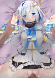 Rule 34 | amane kanata, angel wings, armband, blush, bob cut, censored, clothed sex, clothes lift, colored inner hair, commentary request, d:, grey hair, hair ornament, halo, highres, holding hands, hololive, long sleeves, looking at viewer, lying, miniskirt, mosaic censoring, multicolored hair, no panties, on back, open mouth, penis, pov, purple eyes, pussy, ribbon, school uniform, sex, short hair, single hair intake, skirt, skirt lift, solo focus, spread legs, star halo, tikuwazyousyou, vaginal, virtual youtuber, wings